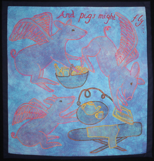 Kantha style embroidery - 'And pigs might fly...'